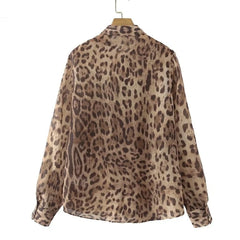 Women Leopard Print Chiffon Blouse | Cheetah Print Blouse | Button Up Office Long Sleeve Shirt