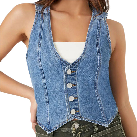 Women Vintage V Neck Button-Down Denim Vest | Retro Cowgirl Crop Jean Corset Top
