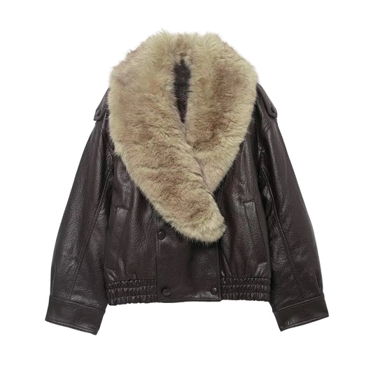 Women Winter Loose Leather Fur Jacket | Big Fur Collar | Casual Coat | Double Breasted