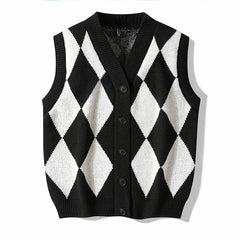 Men Plaid Sweater Vest | Sleeveless V-Neck Button Cardigan | Office Knitted Vest