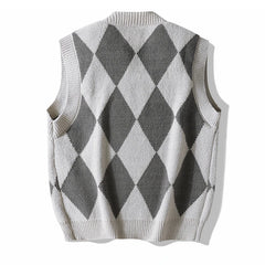 Men Plaid Sweater Vest | Sleeveless V-Neck Button Cardigan | Office Knitted Vest