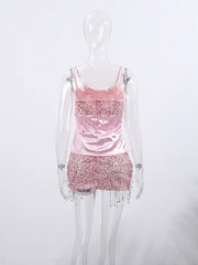 Women Pink Summer Tassel Top With Mini Skirt Set | Sequin Crop Top | Backless
