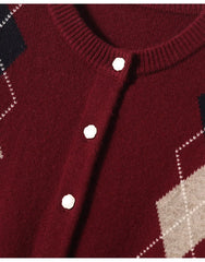 Women Argyle Cashmere Knitted Cardigan | Diamond Check Sweater | Wool