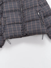 Women Plaid Puffer Jacket | Stand-Collar | Padded | Warm | Check | Parkas Jacket