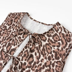 Women Leopard Print Vacation Two-Piece Set | High Waist Wide Leg Pants | Cut Out Bowknot Sleeveless Vest Top