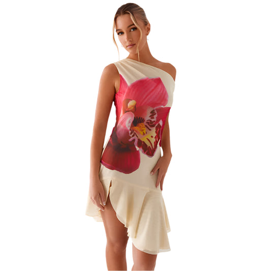 Women Summer Slant Collar Dress | One Shoulder Floral Print Dress | Oblique Slit Hem
