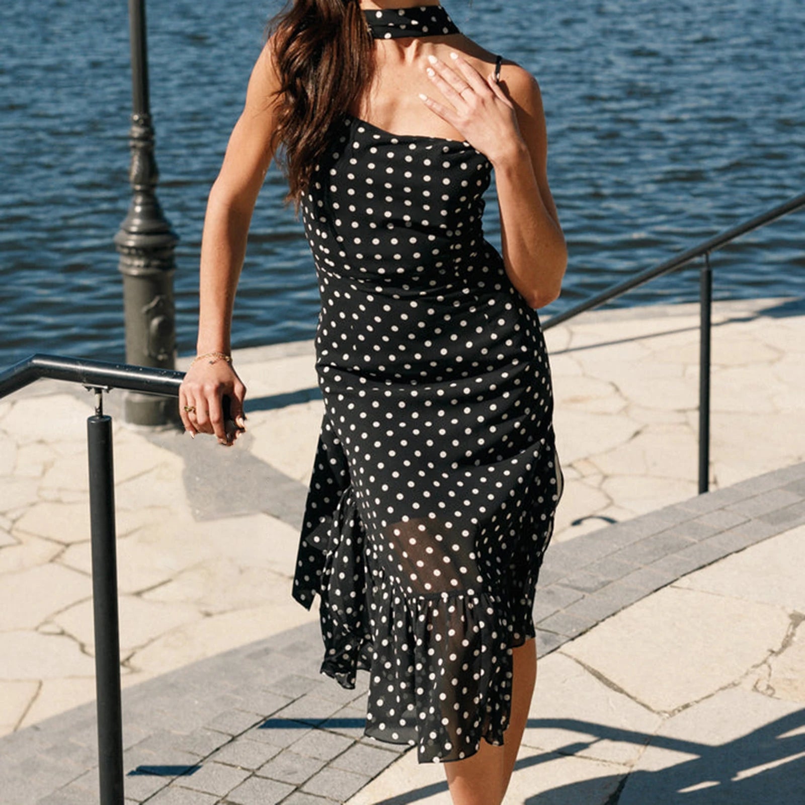 spaghetti strap dress with long sleeve shirt Spaghetti Strap Floral Print Midi A-Line Dress / Long-Sleeve High Neck Plain T-Shirt