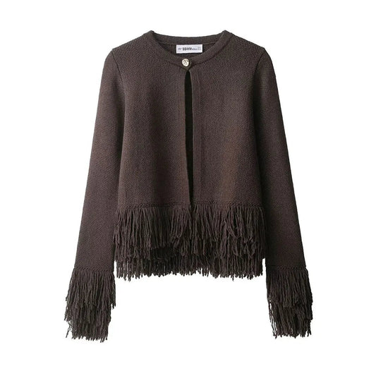 Women Fringed Cardigan | Knitted Sweater with Tassel | Vintage | Long Sleeves