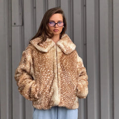 Women Deer Print Fur Coat | Short Coat | Vintage Fur Coat