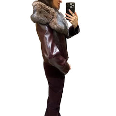 Women Patchwork Leather Jacket | Detachable Collar | Double Breasted | Winter