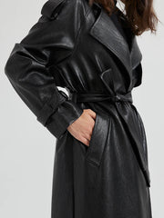 Women Extra Long Leather Trench Coat | Luxury Chic Overcoat | Autumn