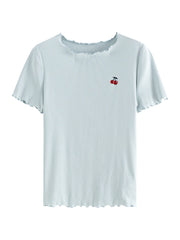 Women Cherry Embroidered Knitted Summer Shirt | Round Neck Ruffled Short-Sleeved T-Shirt