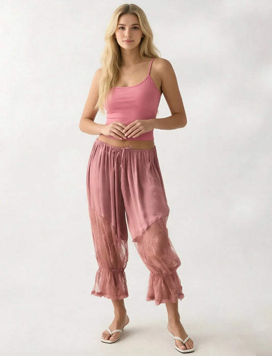 Women Loose Fit Bloomers Cropped Pants | High Waist | Floral Lace | Lantern Trousers