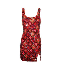Women Vintage Floral Sequined Mini Dress | Sleeveless | Backless | Square Collar | Bodycon | Party Dress