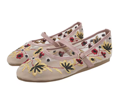 Women Flower Embroidered Mesh Ballet Flats | Mary Jane Shoes | Ballerina Flats | Ballet Pumps