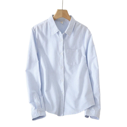 Women's Classic Light Blue Striped Oxford Shirt | Cotton Casual Button Up Dress Shirt