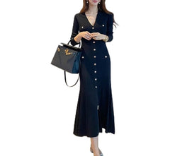 Women Black Mermaid Maxi Dress | Long Sleeve V-Neck Party Dress