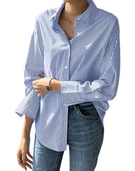 Women Striped Long Sleeve Loose Oversized Blouse | Vintage Button-Up Top