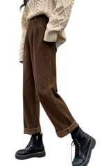 Women Vintage Corduroy High Waisted Pants | Straight Trousers With Pockets