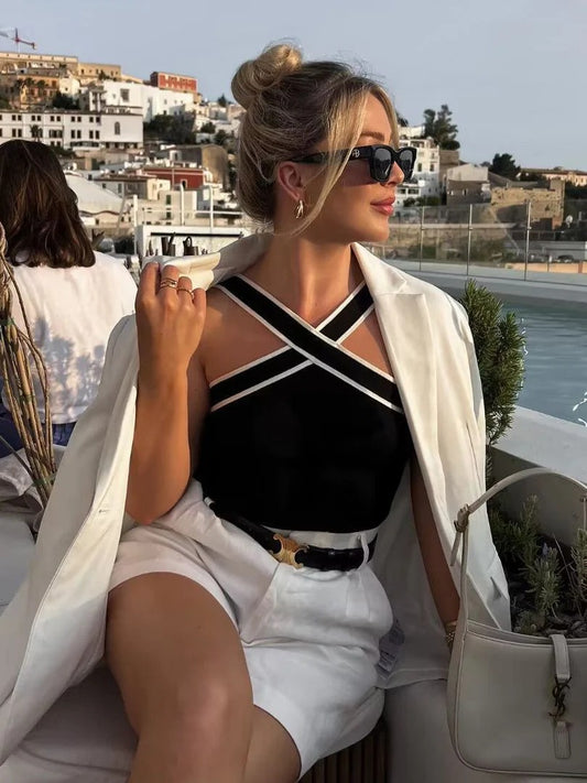 Women Knitted Criss-Cross Top | Backless Cross Straps Knit Tank Top