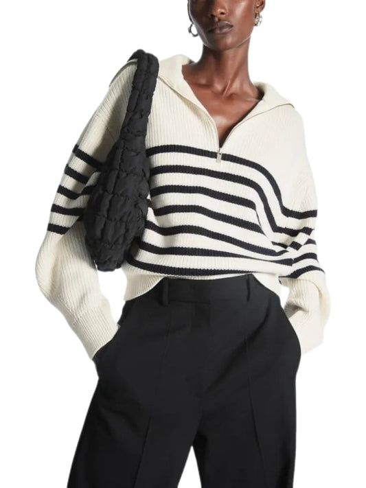 Women Classic Quarter Zip Pullover | Striped Turtleneck Sweater