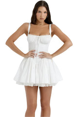 Women White Pleated Mini Dress | Summer Dress | Square-Neck Lace Patchwork Dress