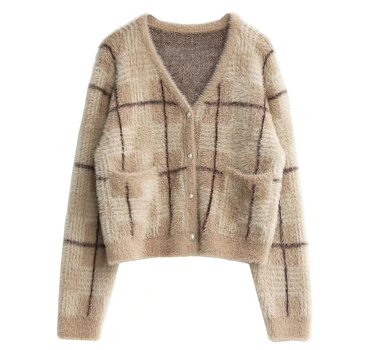 Women Knitted Plaid Cardigan | Knitted V-Neck Sweater