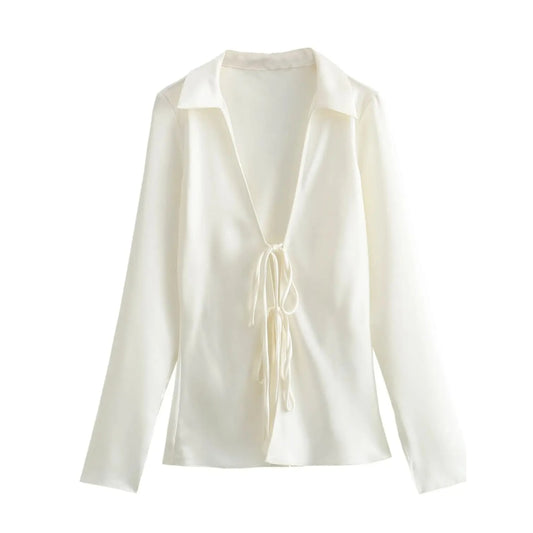 Women Satin Loose Tie Bow Blouse | Long Sleeve Silk Casual Shirt