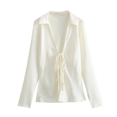 Women Satin Loose Tie Bow Blouse | Long Sleeve Silk Casual Shirt
