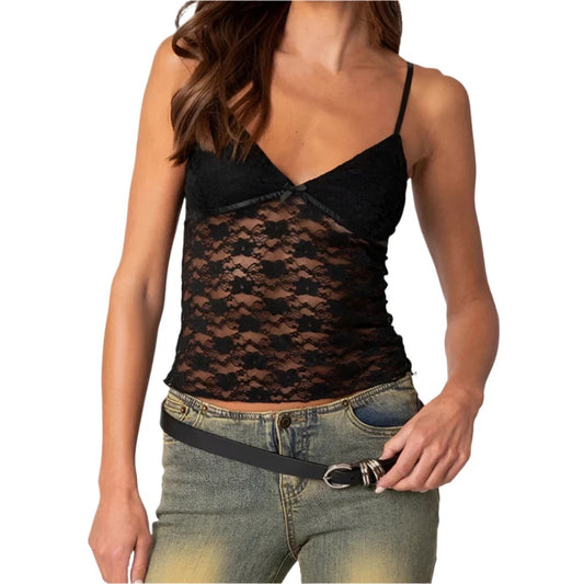 Women Lace Mesh See-Through Tank Top | Sleeveless Strap Slim Fit Camisole Top