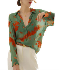 Women Sheer Printed Oversized Blouse | Casual Lapel Button Loose Top