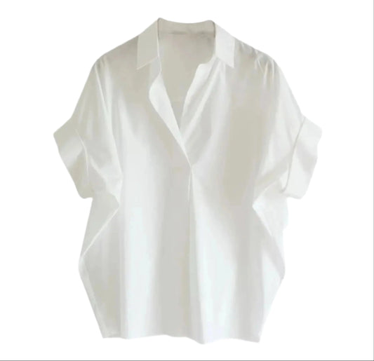 Women Loose Plain Summer Blouse | Short Batwing Sleeve See-Through Shirt