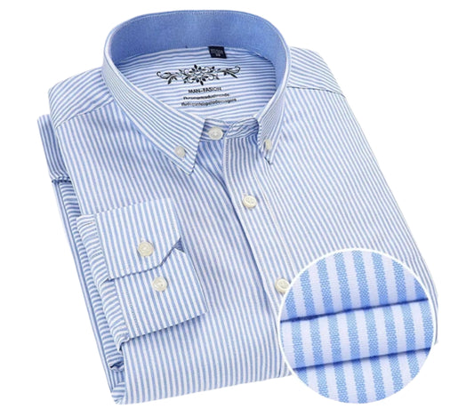Striped Oxford Long-Sleeve Shirt Men | Soft Plaid Cotton | Slim Fit Formal | Office Wear