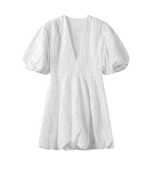 Women White Embroidered Fluffy Short Puff Sleeve Dress | High Waist V-Neck Mini Summer Dress