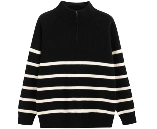 Men Black Half-Zip Sweater | Winter Striped Pullover | Warm Knit Sweater Top