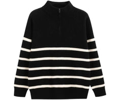 Men Black Half-Zip Sweater | Winter Striped Pullover | Warm Knit Sweater Top