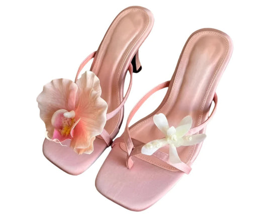 Women Hawaii Asymmetrical Flower Sandals | Thin Heels | Beach Vacation Sandals | Summer Dress Shoe