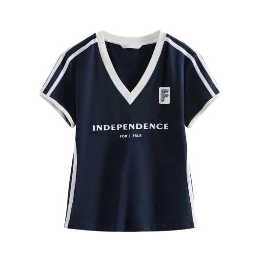 Women Summer Cotton V Neck Sporty Cropped Jersey Tee | Y2K |  Breathable