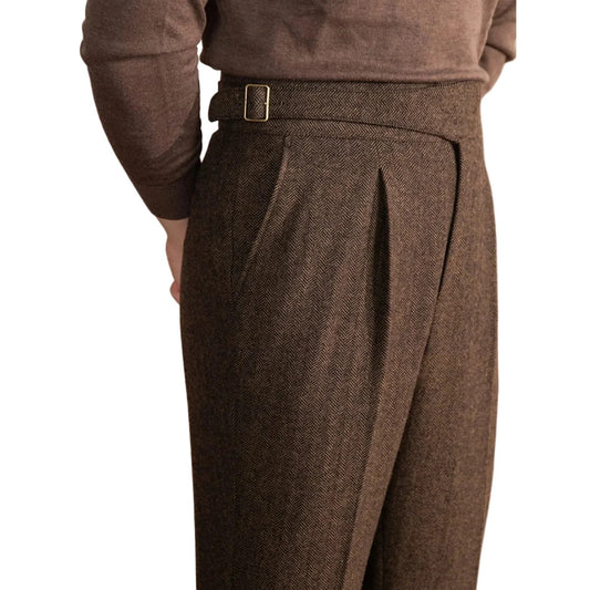 Men Vintage Wool Herringbone Pattern Pants | Casual | British | Warm | High Waist | Straight Pants