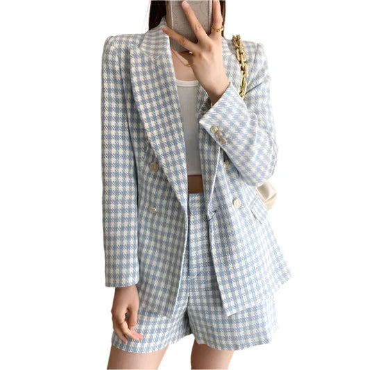 Women Vintage Houndstooth Tweed Blazer | Double Breasted Coat