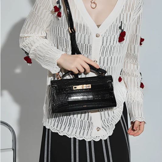 Women Leather Top Handle Bag | Crocodile Pattern Handbag | Crossbody Bag