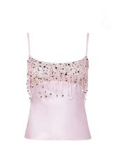 Women Pink Summer Tassel Top With Mini Skirt Set | Sequin Crop Top | Backless