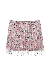 Women Pink Summer Tassel Top With Mini Skirt Set | Sequin Crop Top | Backless