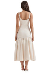 Women Sleeveless Midi Dress | Plain White Summer Dress | Backless Slim Pleated Hem Dress