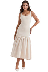 Women Sleeveless Midi Dress | Plain White Summer Dress | Backless Slim Pleated Hem Dress