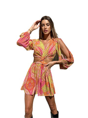 Women Printed Lime Pink Mini Dress | Vintage Chic Dress | Back Zipper V-Neck Dress