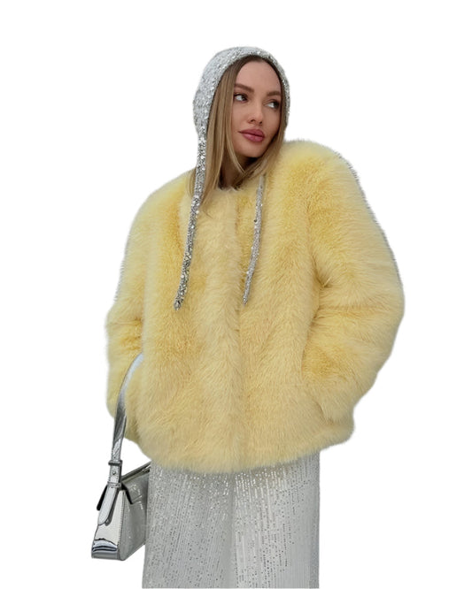 Women Round Neck Fluffy Yellow Fur Jacket | Fur Coat | Warm Outerwear