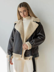 Women Dark Brown Shearling Leather Jacket | Classic Fur Leather Jacket | Long Sleeve Moto Biker Zipper