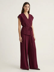 Women Sleeveless V-Neck Top With Belt Straight Pants Set | Top Trouser Suit | 2 Piece Set