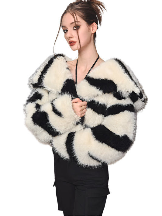 Women Cropped Zebra Fur Coat | Fluffy Big Collar Fur Short Jacket